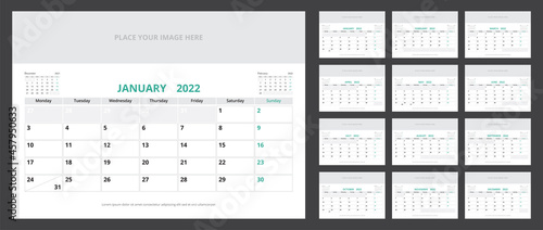 2022 calendar planner set for template corporate design week start on Monday.