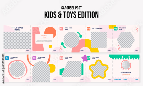 Set of editable social media instagram carousel post kids, baby & toys with playful design vector template ai & eps 10