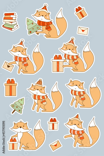 Set of stickers with cute animals. Red fox in winter clothes with a Christmas tree, with gifts and books. Vector illustration for kids collection, print, design and decor, postcards and decoration