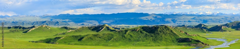 Bayinbuluke grassland natural scenery in Xinjiang,China.panoramic view.