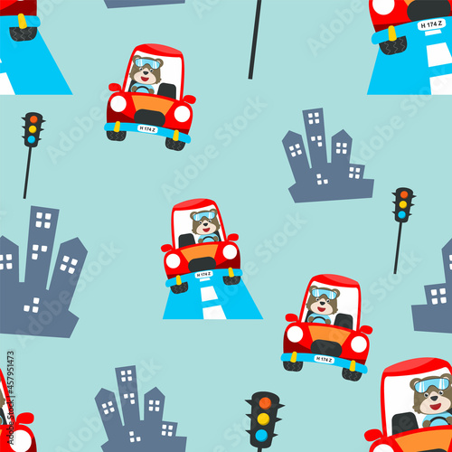 seamless pattern of cute bear cartoon having fun driving a city car on sunny day. Can be used for t-shirt print, Creative vector childish background for fabric textile, and other decoration.