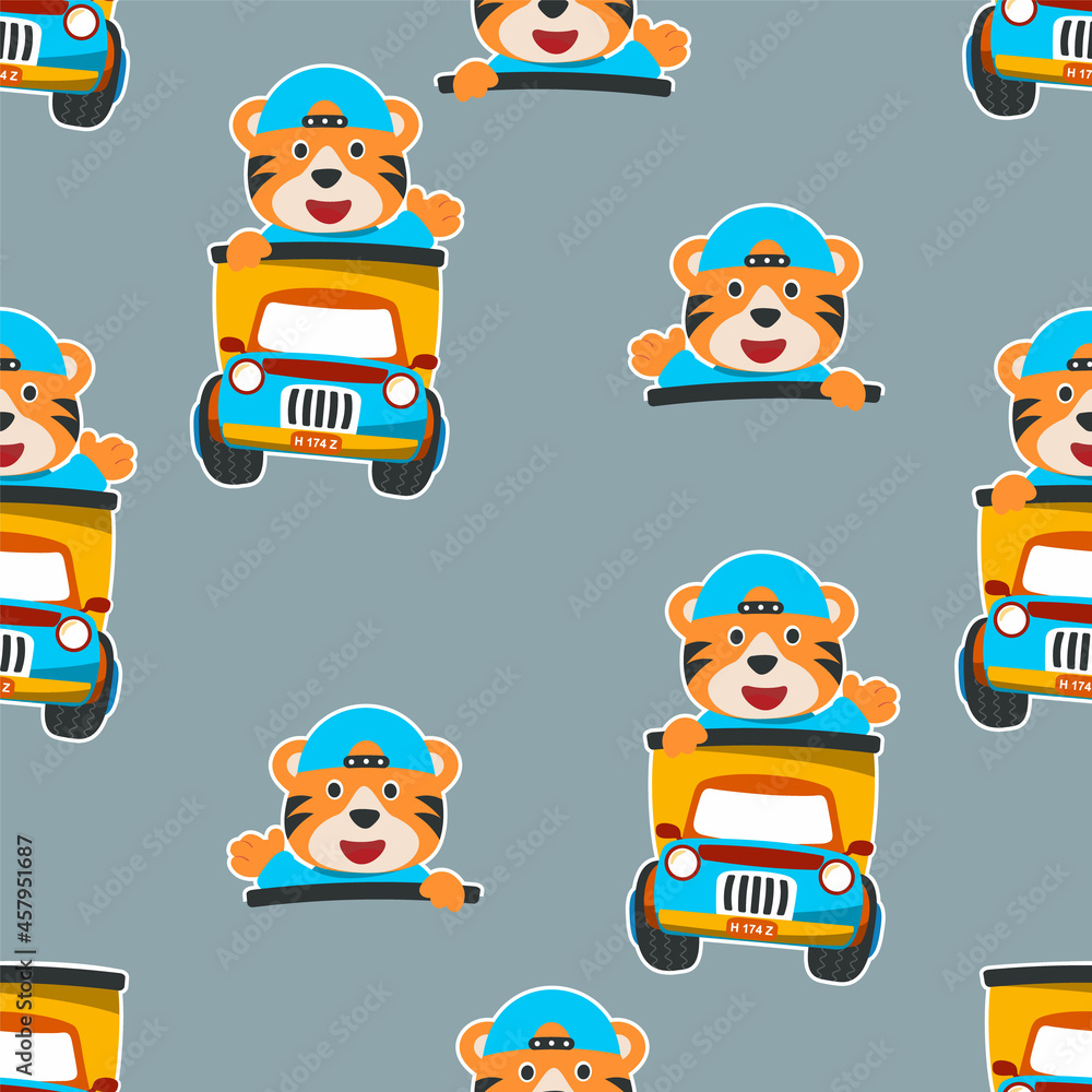 seamless pattern of cute tiger on a road trip truck, Can be used for t-shirt print, kids wear, Creative vector childish background for fabric, textile, nursery wallpaper, and other decoration. seamless pattern of cute tiger on a road trip truck, Can be used for t-shirt print, kids wear, Creative vector childish background for fabric, textile, nursery wallpaper, and other decoration.