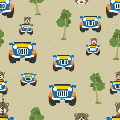seamless pattern of cute bear having fun driving off road car on sunny day. Creative vector childish background for fabric, textile, nursery wallpaper, t-shirt print, kids wear, and other decoration.