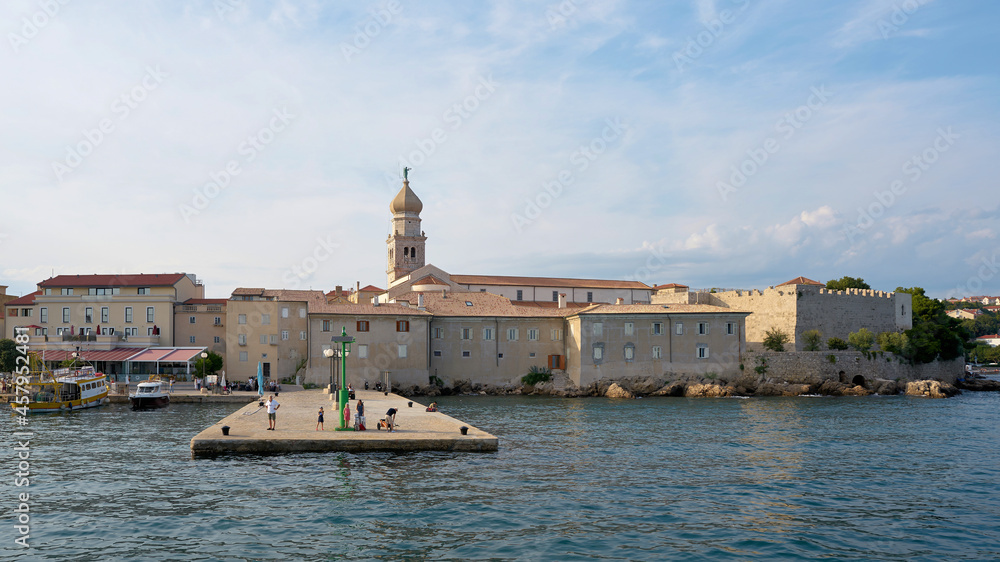 View of historical town Krk on the Adriatic Sea in Croatia from the sea