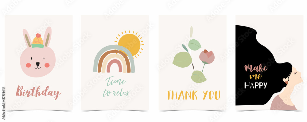 Collection of kid postcard set with leaf,rainbow, sun.Editable vector illustration for website, invitation,postcard and sticker