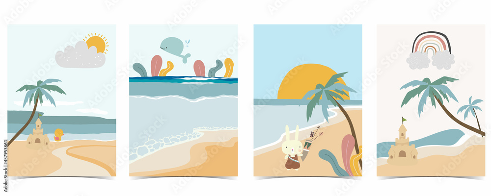 Collection of kid postcard set with sand,sea, sun.Editable vector illustration for website, invitation,postcard and sticker