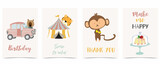 Collection of kid postcard set with car,monkey, cake.Editable vector illustration for website, invitation,postcard and sticker