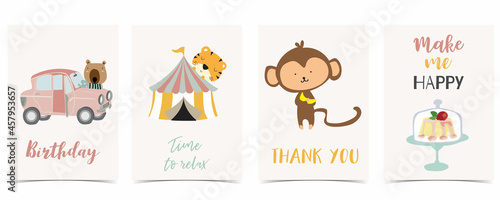 Collection of kid postcard set with car,monkey, cake.Editable vector illustration for website, invitation,postcard and sticker