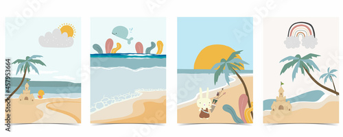 Collection of kid postcard set with sand,sea, sun.Editable vector illustration for website, invitation,postcard and sticker