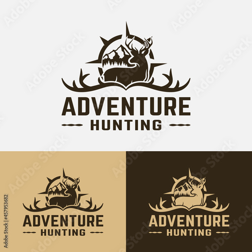 Deer Antler Compass Mountain for Adventure Outdoor Hiking Camping Hunting Sport Gear Business Brand Community Club Classic Unique Hipster Retro Rustic Vintage Silhouette Badge Logo Design Template.