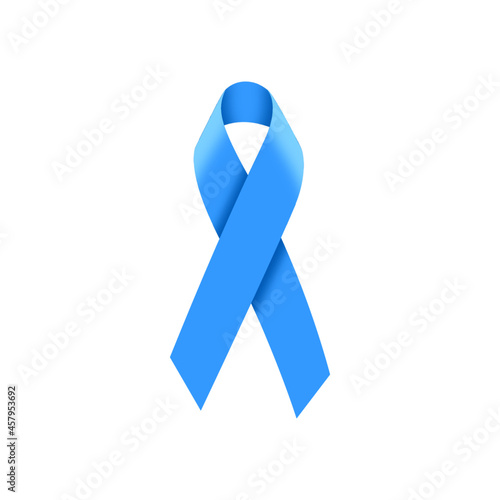 Blue ribbon symbolizing awareness in the prevention and fight against prostate cancer. Blue ribbon on white background.