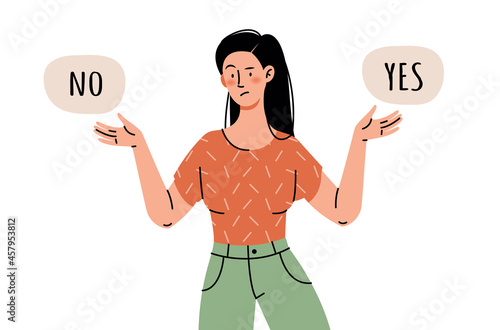 Young girl chooses Yes or No. Concept of choice, search for an answer, acceptance of refusal or consent.