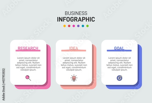 Concept of arrow business model with 3 successive steps. Three colorful graphic elements. Timeline design for brochure, presentation. Infographic design layout.