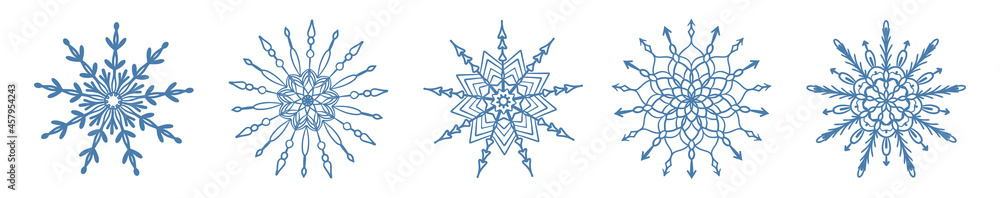 Set of hand drawn blue snowflake icon isolated on white background. Winter design element snow flake frost crystal vector illustration collection.