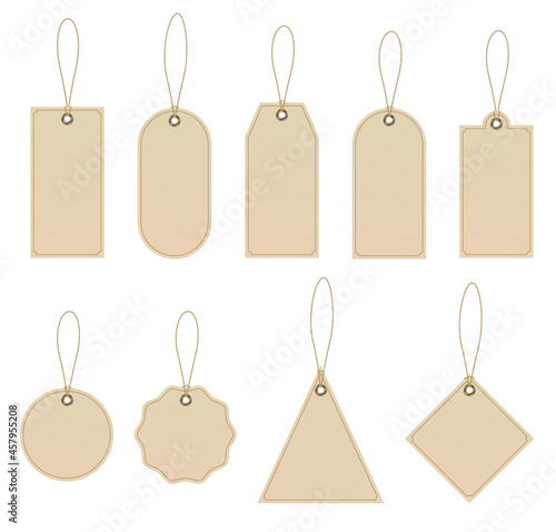 Set of tags on craft paper with rope. Blanks with rope. Shopping labels and price tags in different shapes. Vector