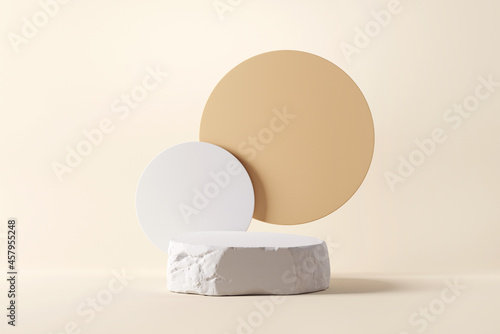 White stone rough plate object display podium with circle, for product, 3d rendering photo