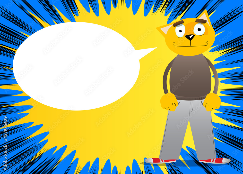 Funny cartoon cat standing, wearing casual clothes. Vector illustration. Cute orange, yellow haired young kitten. Funny cartoon cat standing, wearing casual clothes. Vector illustration. Cute orange, yellow haired young kitten.