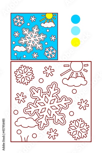 Coloring page for kids. Snowflakes, winter, frost, sunny day.
