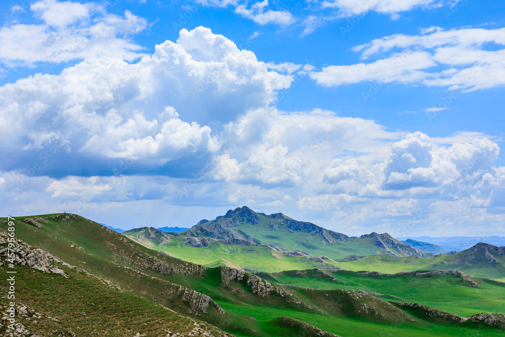 Green grassland and mountain natural landscape in Xinjiang,China.Beautiful prairie scenery.