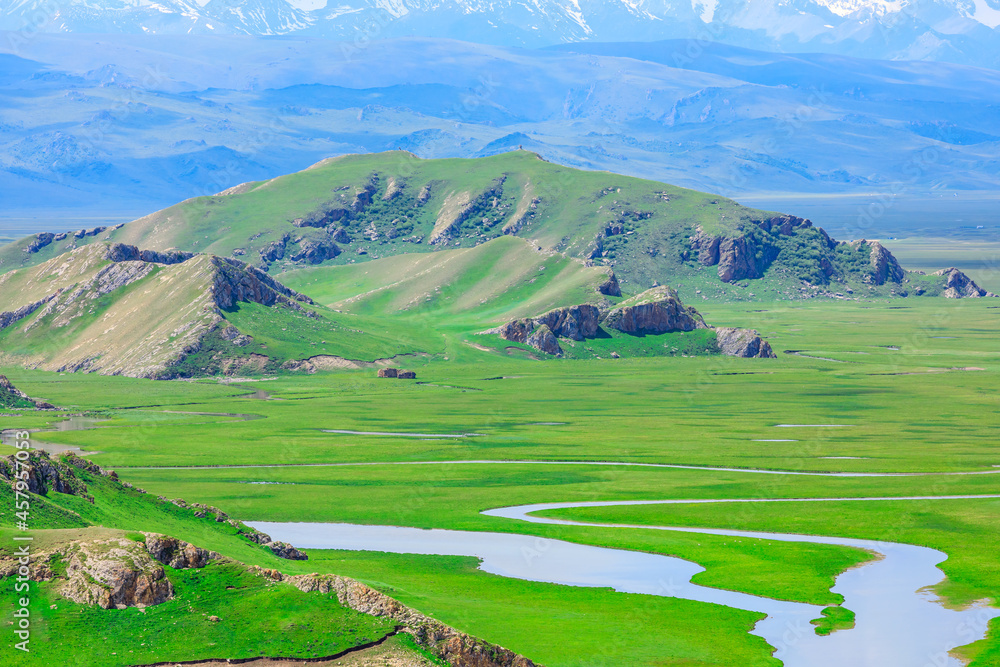 Bayinbuluke grassland natural scenery in Xinjiang,China.Beautiful grassland and mountain with river landscape. Bayinbuluke grassland natural scenery in Xinjiang,China.Beautiful grassland and mountain with river landscape.