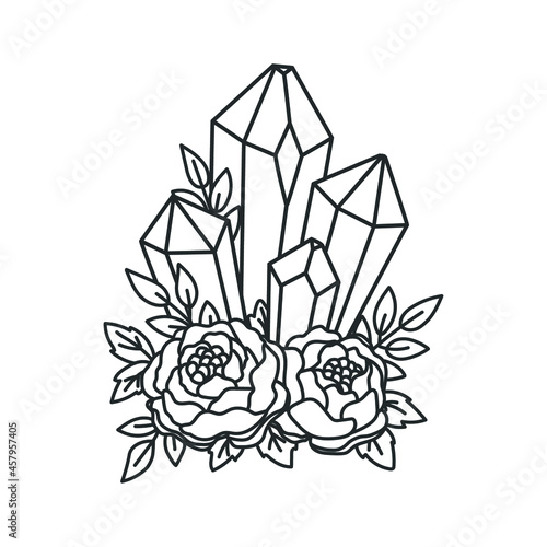 Crystals among blooming flowers. Vector illustration. Perfectly look on t-shirt, poster, cards, apparel design