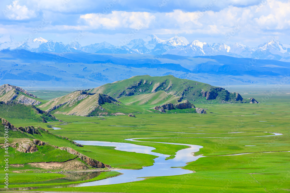 Bayinbuluke grassland natural scenery in Xinjiang,China.Beautiful grassland and mountain landscape.