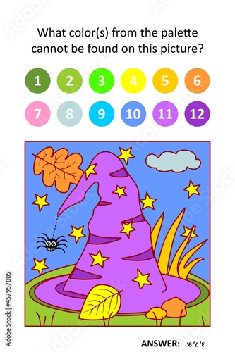 Visual puzzle with picture palette. Halloween witch hat. 
