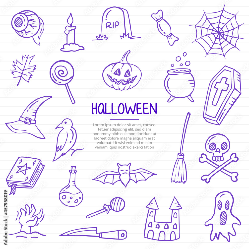 halloween events or holiday doodle hand drawn with outline style on paper books line