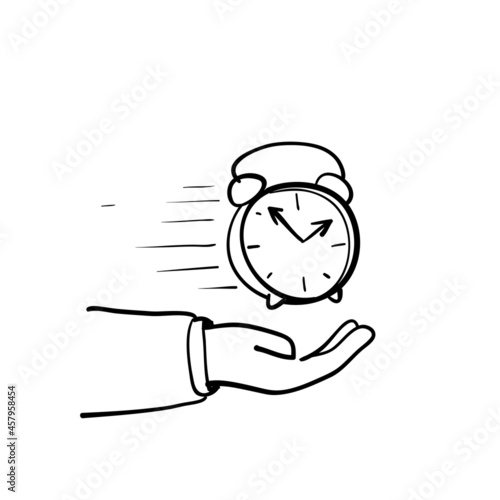 hand drawn doodle fast clock on hand symbol for time value icon illustration vector