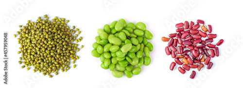 Mung beans, soy beans, red beans isolated on white background