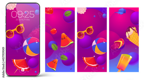 Smartphone lock screens, mobile phone onboard pages, wallpaper with ice cream, fresh fruits, beach items, date, week day and time for digital device, summer themed template, user interface design set