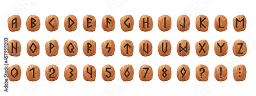 Rune alphabet on wooden tablets with engraved letters, numbers and additional symbols. Vector cartoon set of wood buttons with runic characters, typography font in scandinavian style