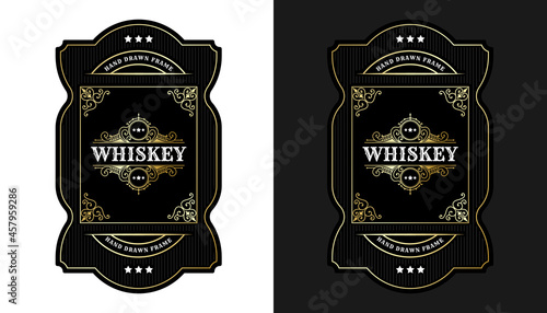Whiskey Bourbon Vintage luxury antique border frame western engraving labels for beer wine whiskey alcohol product box packaging label vector printable template
