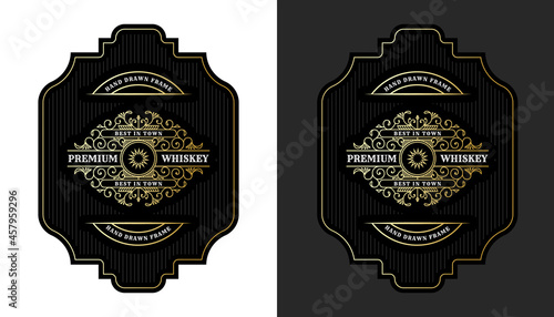 Whiskey Bourbon Vintage luxury antique border frame western engraving labels for beer wine whiskey alcohol product box packaging label vector printable template