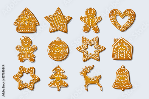 Christmas gingerbread cookies. Winter holiday sweets in shape of house and gingerbread man, tree and reindeer, star and snowflake, jingle bell and heart shapes. Cartoon Vector illustration