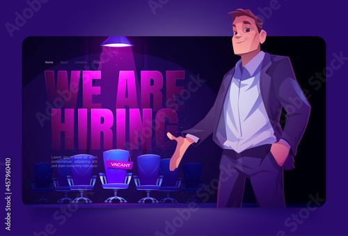 We are hiring landing page, employer offer vacant place illuminated with spotlight. Hire job announcement, candidates head hunting. Human resources research, recruiting Cartoon vector web banner