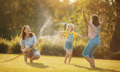 Happy family playing in backyard