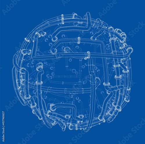 Pipes with flanges around a large sphere. Vector