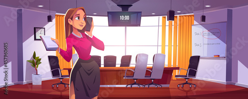 Businesswoman in conference room for meetings, presentation for team or discussion. Vector cartoon illustration of girl manager or secretary with notebook and phone in of boardroom in company office