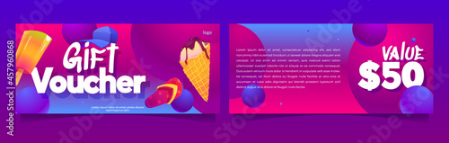 Gift voucher template with ice cream, slippers and cap. Vector coupon for sweet shop, cafe on beach or summer resort with cartoon flip flops, popsicle and ice cream in wafer cone