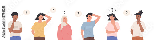 Group of diverse thinking characters. Collection of portraits of thoughtful people with question mark. Set of male and female person solving problem, making decision. Flat style vector illustration.