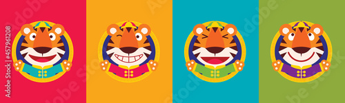 Set of flat design cartoon cute tiger with funny faces wearing traditional chinese costume celebrates Chinese New Year on colourful background
