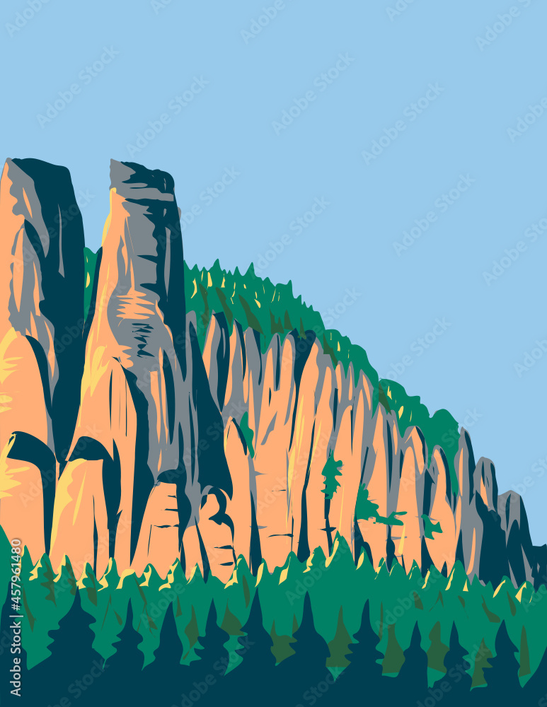 Art Deco or WPA poster of Elbe Sandstone Mountains located in Saxon Switzerland National Park in Switzerland done in works project administration style. - obrazy, fototapety, plakaty 