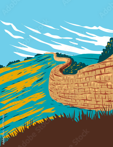 Art Deco or WPA poster of Hadrian's Wall near Brampton in Northumberland National Park, England, UK done in works project administration style.