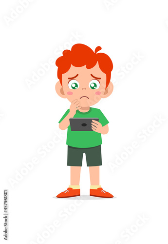 little boy using mobile phone and cry