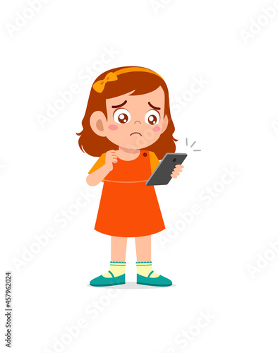 little girl using mobile phone and cry