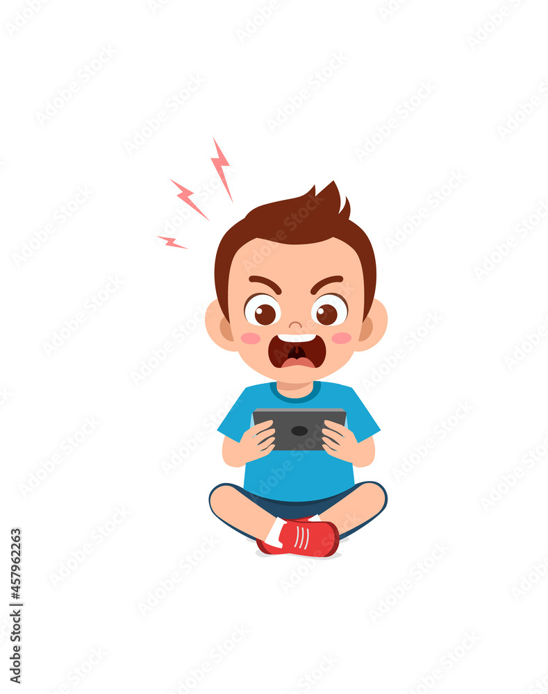 little boy using mobile phone and angry little boy using mobile phone and angry