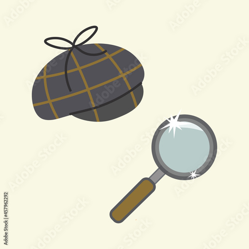 Vintage magnifying glass, and a sleuth detective cap. Isolated vector icons, on a muted yellow background. Private detective accessories, classic Sherlock Holmes paraphernalia.