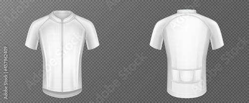 Cycling jersey, white bike t-shirt vector mockup, sports wear front and rear view. Sport clothes, shirt with short sleeves template isolated on transparent background, Realistic 3d illustration