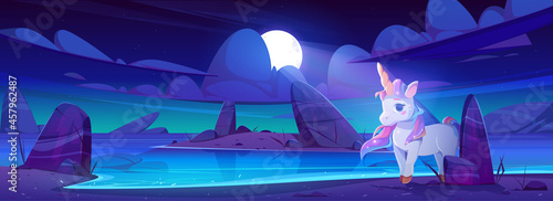 Cute unicorn on sea beach at night. Fairy tale illustration with magic animal on coastline in moonlight. Vector cartoon landscape of lake sand shore with fantasy horse with horn and rainbow mane
